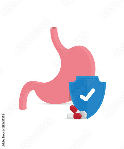 Stomach protection with medicine pills and shield icon stock illustration