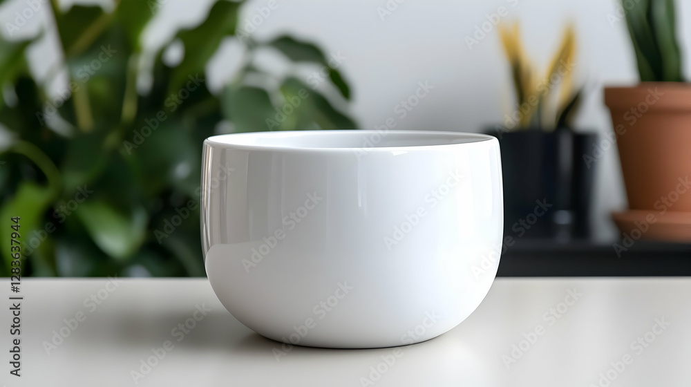 White Ceramic Bowl on Table with Plants in Background White Ceramic Bowl on Table with Plants in Background