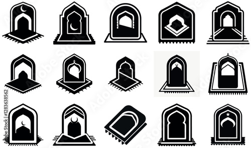 This image showcases various designs of Islamic prayer mats.
