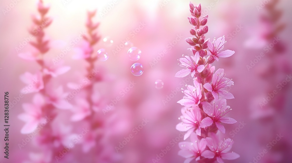 Naklejka premium Pink flowers with soap bubbles in sunlight.