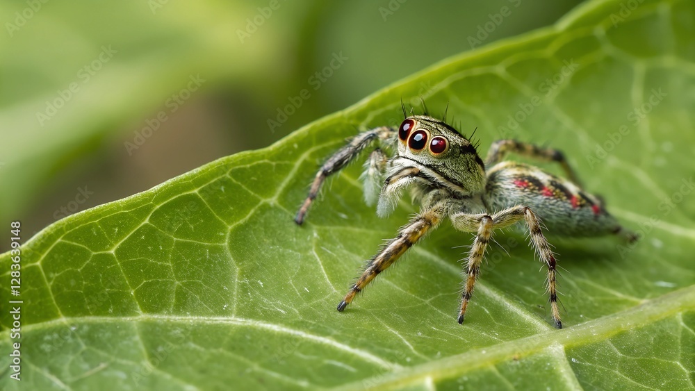 Spider on Green Leaf: A macro shot of a vibrant spider perched gracefully on a lush green leaf, showcasing intricate details of the arachnid's features, set against a blurred background. Spider on Green Leaf: A macro shot of a vibrant spider perched gracefully on a lush green leaf, showcasing intricate details of the arachnid's features, set against a blurred background.