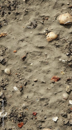 Texture of the Beach: A detailed shot capturing the granular texture of beach sand, complete with a collection of pebbles, seashells, and fragments, illustrating the unique characteristics of a shore. photo