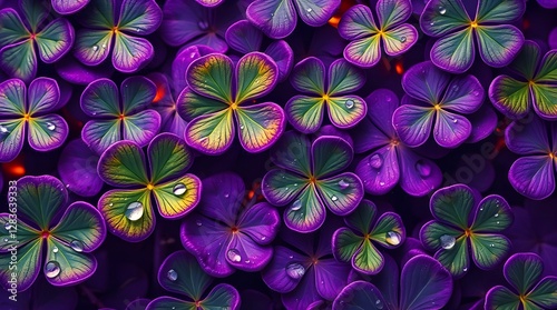 Vibrant shamrock leaves covered in fresh dew drops, symbolizing luck and prosperity. Perfect for St. Patrick’s Day themes, Irish heritage, and nature-inspired designs with freshness and elegance