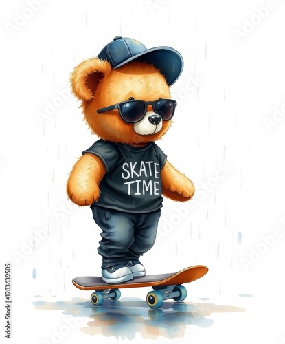 illustration of a teddy bear on a skateboard on a white background