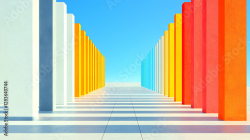 Vibrant colorful pillars stand in parallel rows under a clear blue sky casting long shadows on a minimalist plaza.