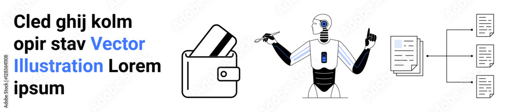 Robot holding credit card and wallet, pointing towards interconnected documents, signifying financial transactions. Ideal for fintech, data management, automation, AI, robotics, digital wallets