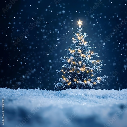 Snowy Night Christmas Tree Minimalist Composition