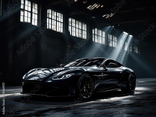  a sleek sports car bathed in the glow of a solitary streetlight in a dark urban setting. The car's elegant silhouette emerges from the shadows, contrasted beautifully against the soft blue light. The