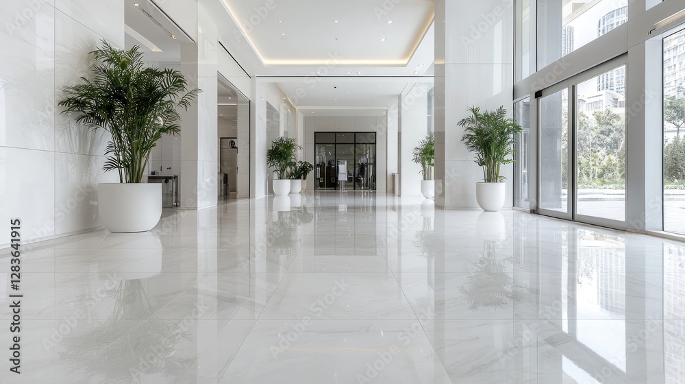 Fototapeta premium Bright modern office lobby with polished marble floors and green potted plants during daytime.