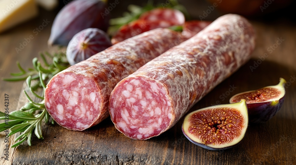 Enjoying lukanka sausage, cheese, and figs on a charcuterie board . Enjoying lukanka sausage, cheese, and figs on a charcuterie board .