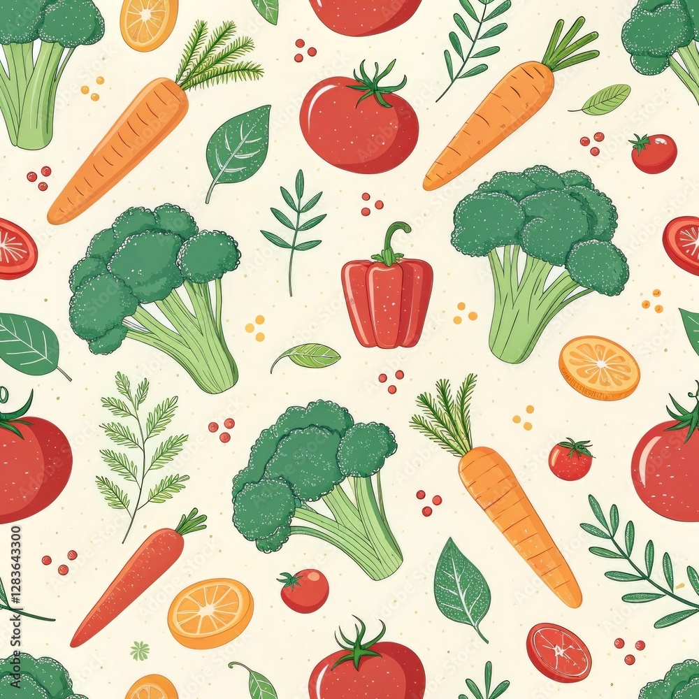 Cute Veggie Pattern: Broccoli, Carrot, Tomato Cute Veggie Pattern: Broccoli, Carrot, Tomato