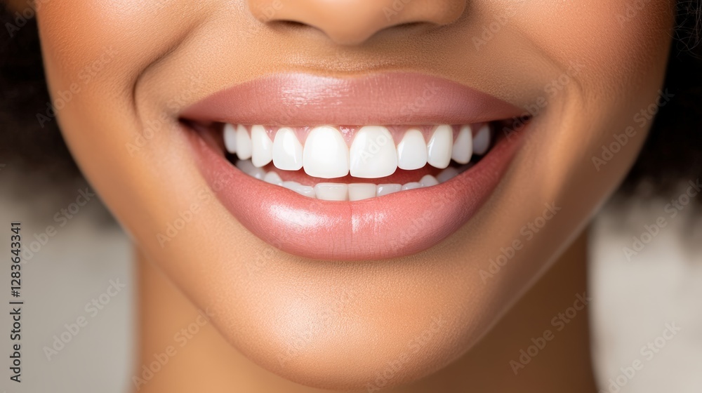 Obraz premium Close up of a smiling woman showing her perfect white teeth and beautiful plump lips, showcasing excellent oral hygiene and cosmetic beauty
