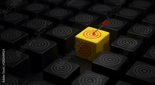 The arrow hit the highlighted target. Advertising, marketing, and targeting. Right on the bull's-eye. Success. Choose a goal, and define a task. Purposefulness and insight. Succeed in work. 