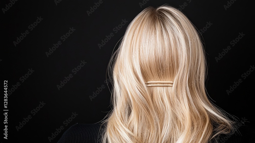 Naklejka premium Blonde hair styled with gold clip, rear view, black background, hair care