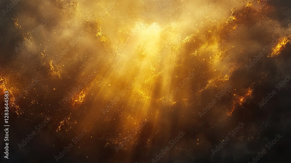 Obraz premium Golden Light Bursting Through Clouds: A breathtaking spectacle of celestial beauty, where radiant golden light streams dramatically through the swirling, textured depths of a turbulent, ominous sky.
