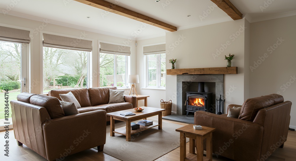 Obraz premium Cozy Living Room Interior with Fireplace and Comfortable Leather Furniture