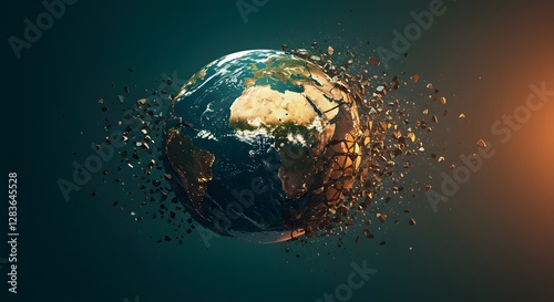 A shattered globe with fragments symbolizes global fragility, crises, and conflicts.
