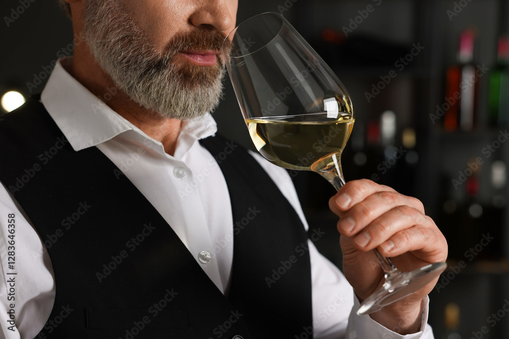 Professional sommelier tasting white wine in glass indoors, closeup Professional sommelier tasting white wine in glass indoors, closeup