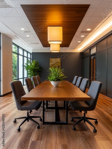 Acoustic ceiling sound absorb. A modern conference room featuring a large wooden table, comfortable chairs, ambient lighting, and plants for a fresh, professional atmosphere.