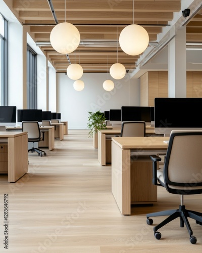 Acoustic ceiling sound absorb. A modern, minimalistic office space featuring wooden accents, large windows, and pendant lighting, designed for productivity and collaboration.