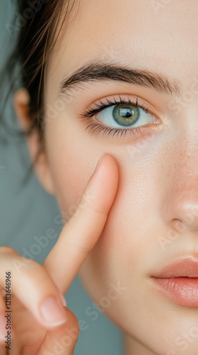 Caucasian woman is touching her face skin under eye with finger demonstrating healthy skin, perfect vision and eyelid after cosmetology or surgery