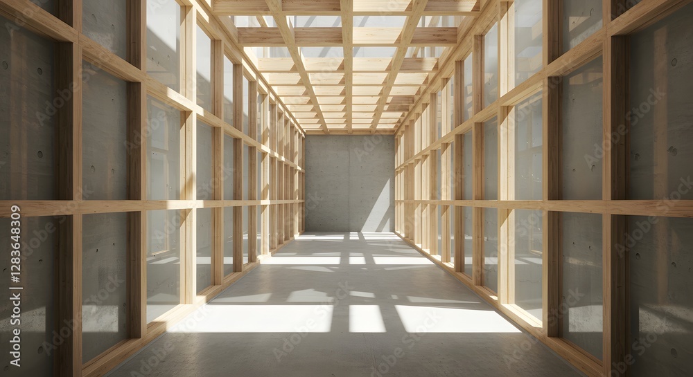 Fototapeta premium A wooden framework in sunlight, symbolizing structural drying after water damage.