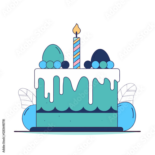 A whimsical birthday cake with dripping icing and a candle, set against a nature-inspired background. Modern and playful vector illustration.