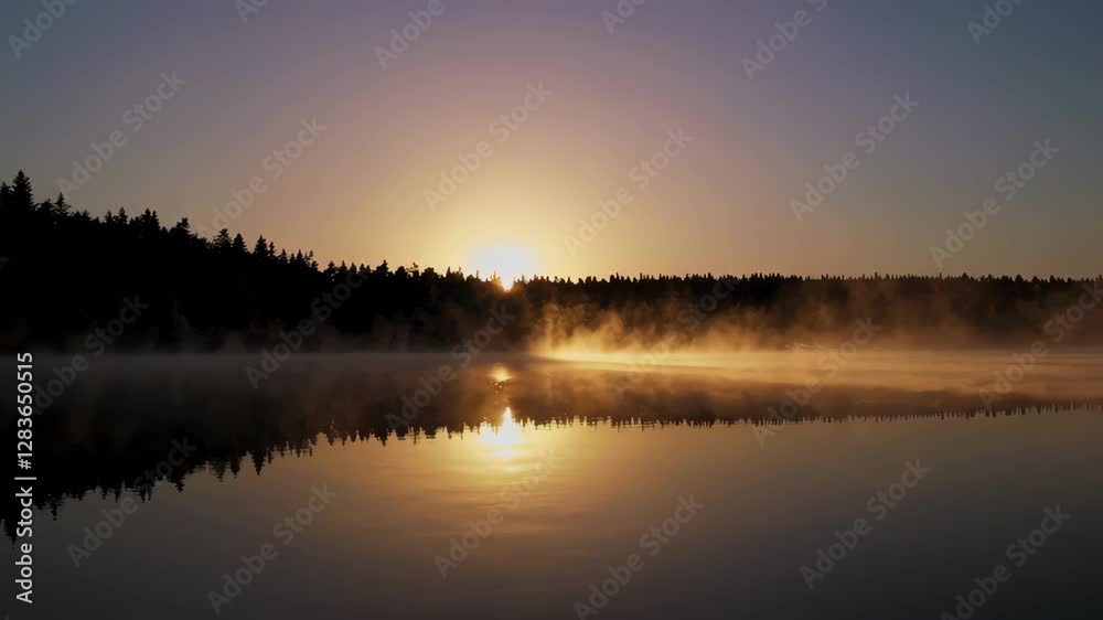 Serene sunrise over a misty lake surrounded by trees, capturing tranquility and nature's beauty Serene sunrise over a misty lake surrounded by trees, capturing tranquility and nature's beauty
