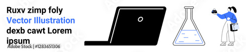 Woman conducting research using lab flask and laptop, showcasing innovation, technology, and science. Ideal for education, research, technology, STEM, experimentation analysis flat landing page
