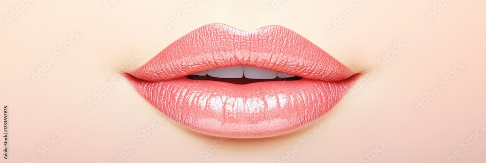 Obraz premium Sensual female lips adorned with glossy pink lipstick, highlighting perfect white teeth, embodying ideals of beauty, cosmetology, lip augmentation, and dental care