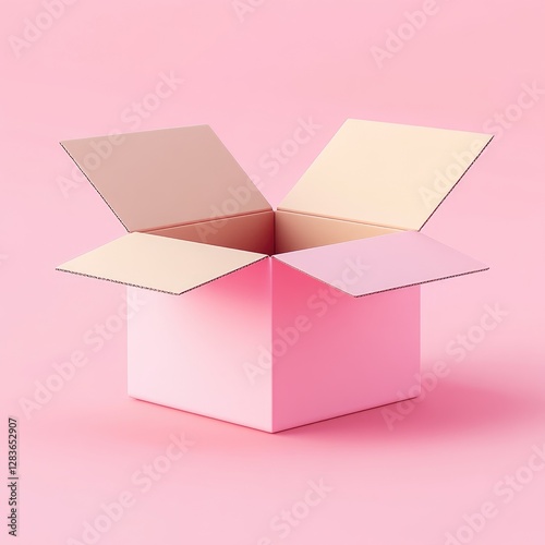 A pink box with open flaps sits on the floor
