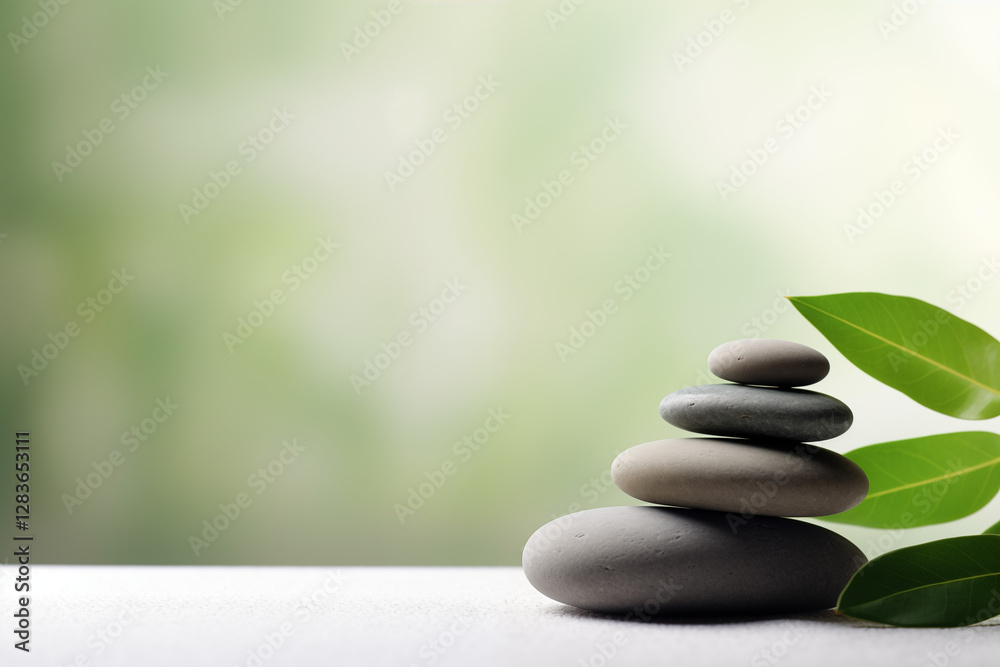 A tranquil and minimalist composition with smooth Zen stones stacked gracefully, accompanied by fresh green leaves A tranquil and minimalist composition with smooth Zen stones stacked gracefully, accompanied by fresh green leaves
