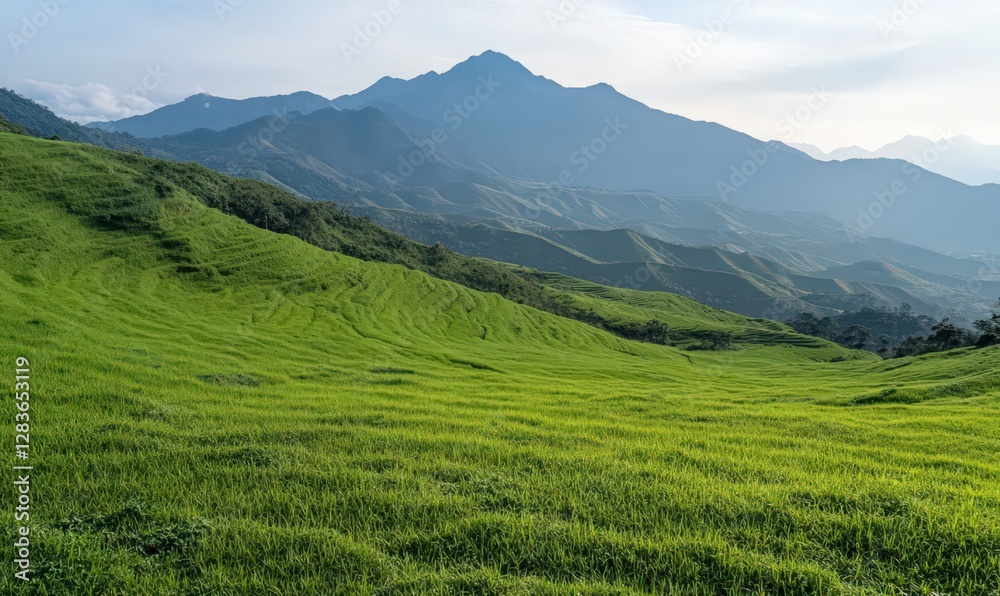 Rolling Green Hills and Majestic Mountain Range Under a Clear Sky Rolling Green Hills and Majestic Mountain Range Under a Clear Sky