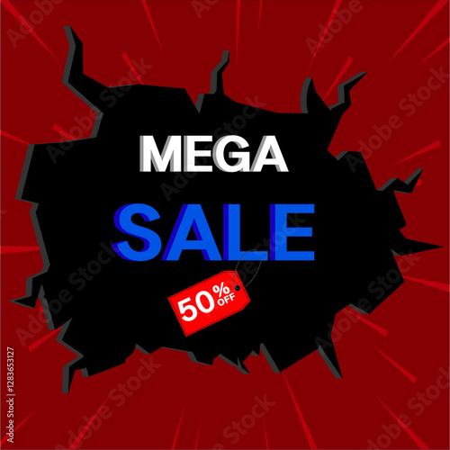 50% discount. mega sale. blue 3D icon design, with many super discount details. vector illustration