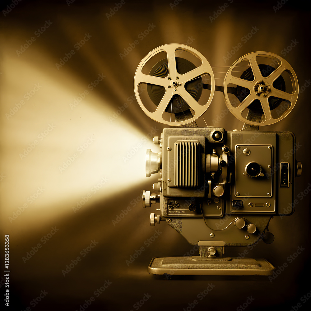 Obraz premium A vintage film projector casting bright light in a classic cinema setting, evoking nostalgia and the golden age of Hollywood filmmaking