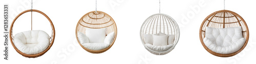 Cozy Suspended Rattan Hanging Chairs for Relaxation and Leisure in Modern Interior or Outdoor Spaces  Comfortable cocoon like spherical or egg shaped chairs offer a tranquil and immersive experience photo