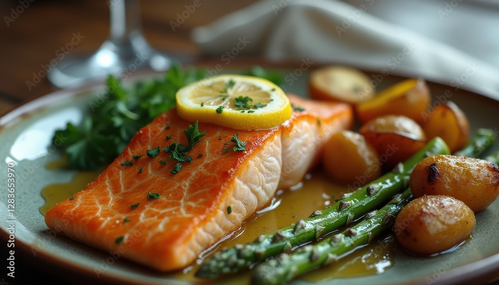 Delicious salmon fillet served with potatoes and asparagus on a rustic plate in a cozy setting Delicious salmon fillet served with potatoes and asparagus on a rustic plate in a cozy setting
