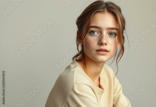 Photorealistic portrait of a young female with freckled face in natural light