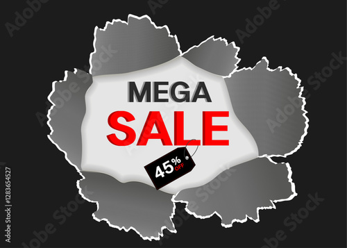 Mega sale red catchy banner with up to 45 percent off - creative vector flyer with 3D numbers - special sales and offers promotion template