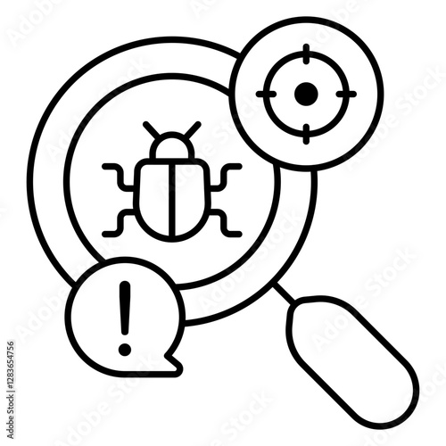 Virus under magnifying glass, debugging icon