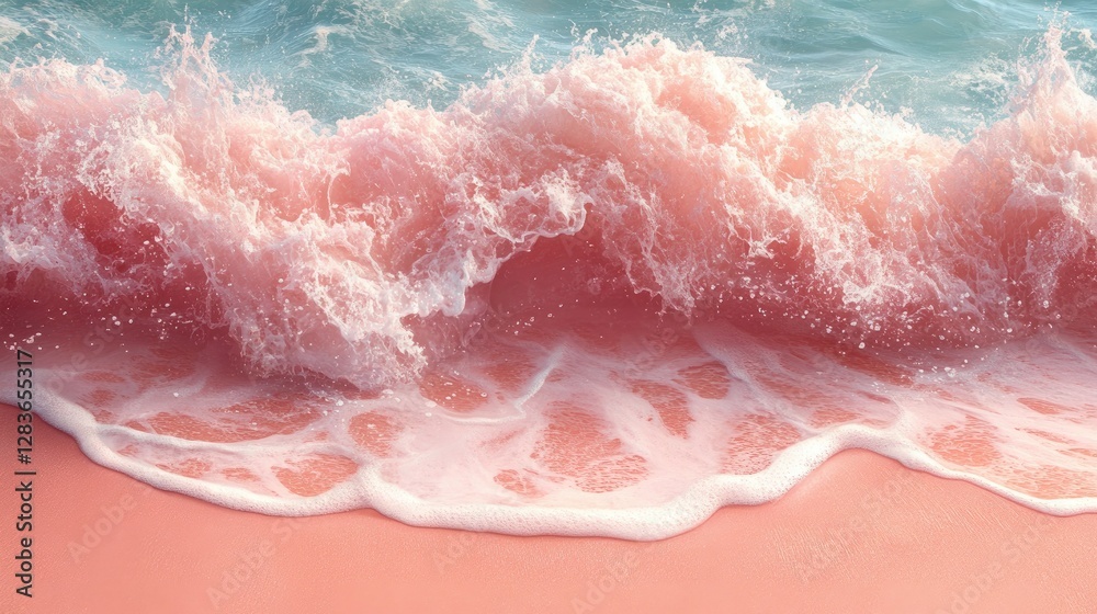 Fototapeta premium Pink beach waves crashing, serene coastal scene, idyllic vacation
