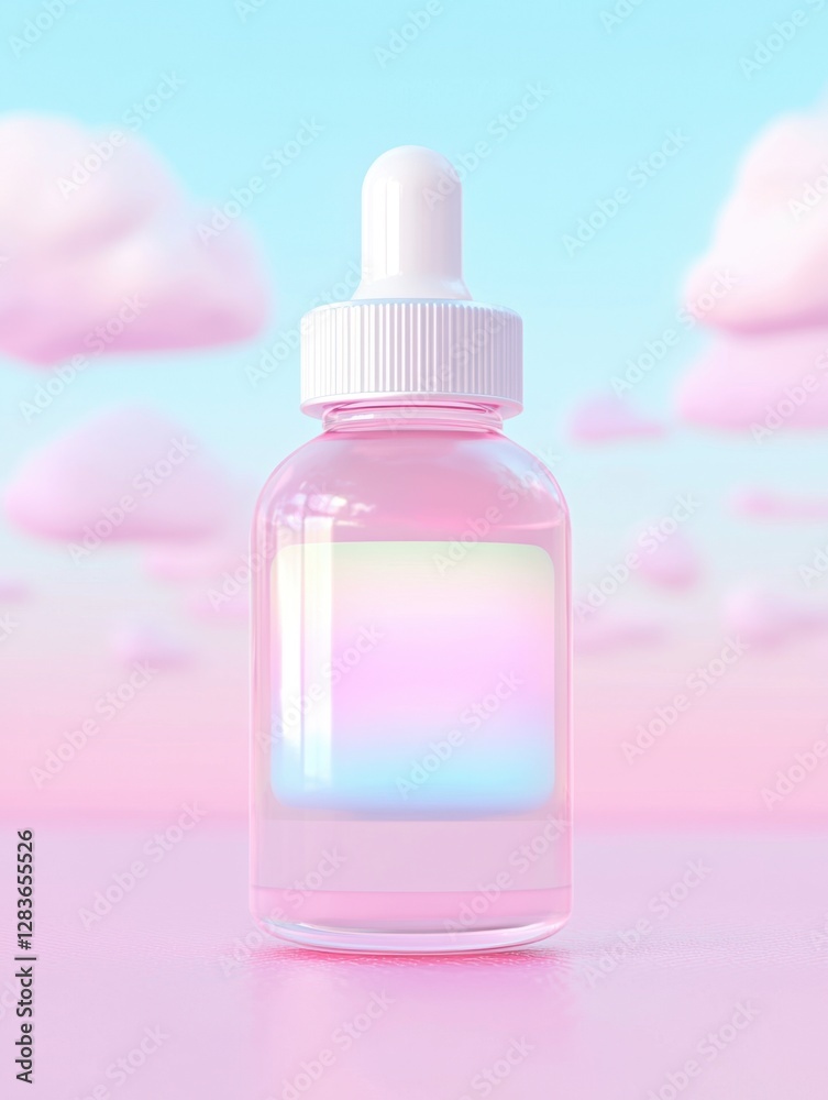 A pink glass bottle with a dropper sits against a pastel background, featuring soft clouds and gradient colors, evoking a dreamy aesthetic. A pink glass bottle with a dropper sits against a pastel background, featuring soft clouds and gradient colors, evoking a dreamy aesthetic.