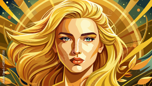 Portrait of beautiful model with blond hair in golden colors for an advertisement for cosmetics brand. Trend for individuality and naturalness. Banner.