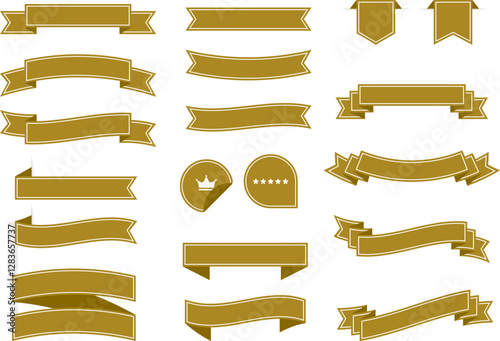 Vector illustration set of gold ribbon banners and bookmarks. Empty template designs. Minimal and retro elements for award labels, premium badges and promotion tags