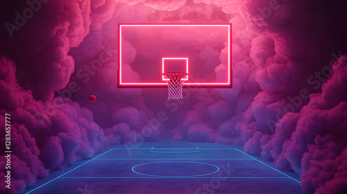 Neon Basketball Court with Dramatic Cloud Background