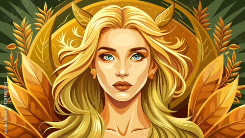 Portrait of beautiful model with blond hair in golden colors for an advertisement for cosmetics brand. Trend for individuality and naturalness. Banner.