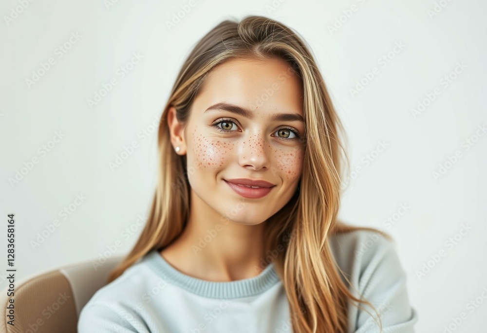 Photorealistic portrait of a female with freckled face in natural light Photorealistic portrait of a female with freckled face in natural light