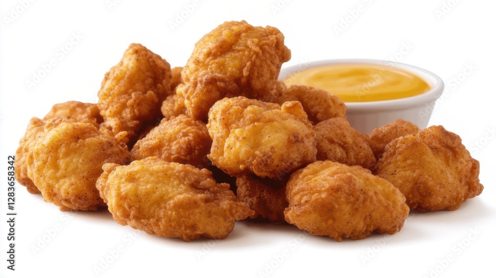 A crispy golden fried chicken drumstick with a side of dipping sauce on a wooden platter. A crispy golden fried chicken drumstick with a side of dipping sauce on a wooden platter.