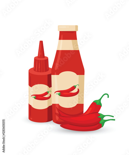 Hot sauce bottle in flat design vector. Chili sauce. stock illustration