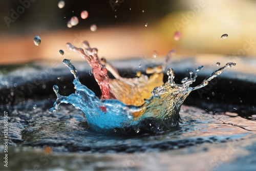 Multi-colored splashes that form when water from a fountain enters a pool. 